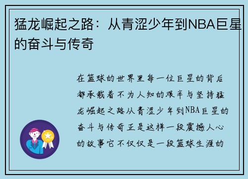 猛龙崛起之路：从青涩少年到NBA巨星的奋斗与传奇
